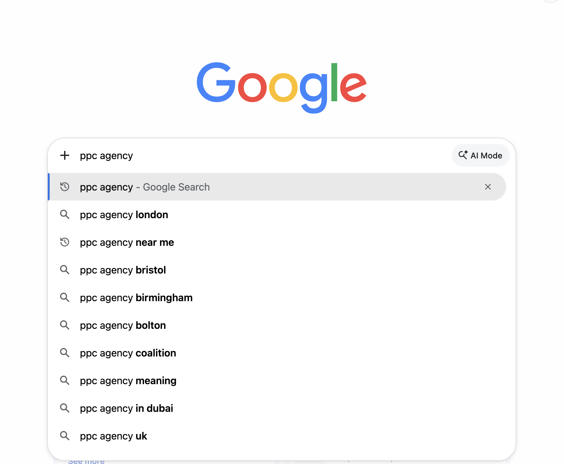 Google autocomplete suggestions for ppc agency, including UK, London, Bristol and Birmingham